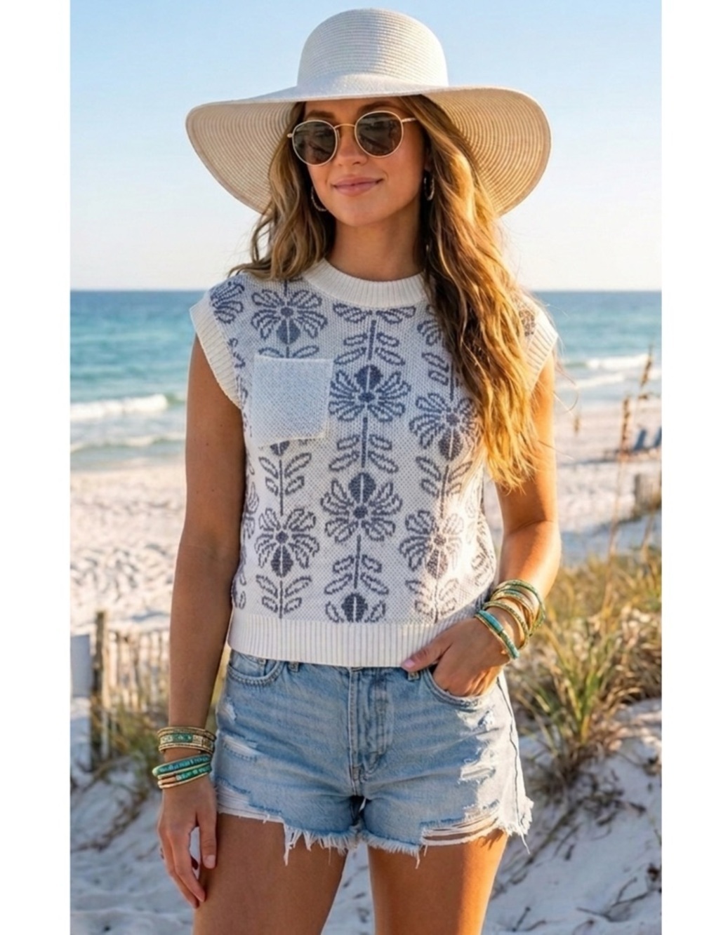 La Miel Floral Knit Sweater Vest Retro Revival Sleeveless Top Pacific Blue Small